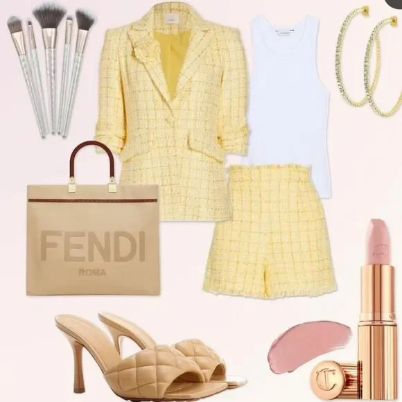 Cinq a Sept Coronado High Waist Woven Checkered Tweed Shorts Yellow Size 4 - Picture 3 of 11